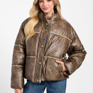 Washed Faux-Leather Puffer Jacket - Brown