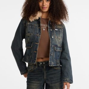 GUESS Originals Faux-Fur Denim Aviator Jacket - Blue