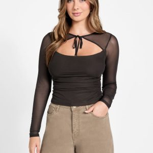 Eco Lauryn Tied Mesh Top - Brown