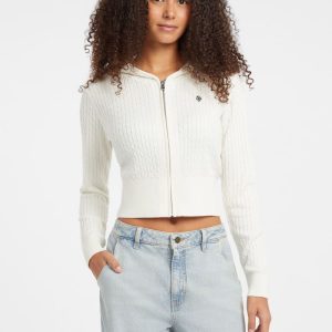 Cable-Knit Hooded Cardigan - White