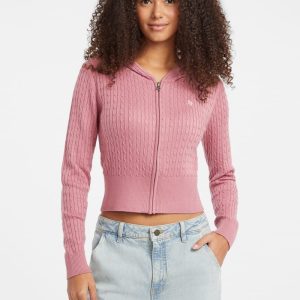Cable-Knit Hooded Cardigan - Pink