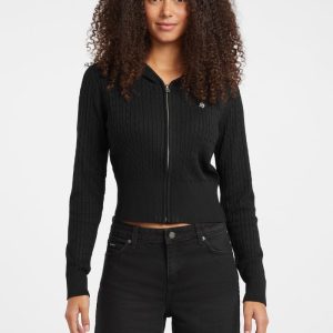 Cable-Knit Hooded Cardigan - Black