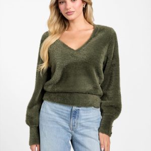 Niko Fuzzy V-Neck Sweater - Green