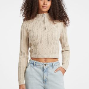Half-Zip Cable-Knit Crop Sweater - Beige
