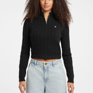 Half-Zip Cable-Knit Crop Sweater - Black