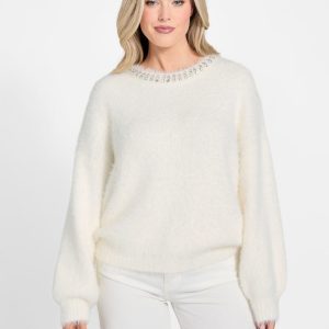 Arisa Rhinestone Neck Sweater - Off-white