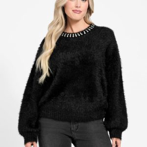 Arisa Rhinestone Neck Sweater - Black