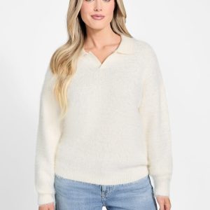 Seema Fuzzy-Knit Polo Sweater - Off-white