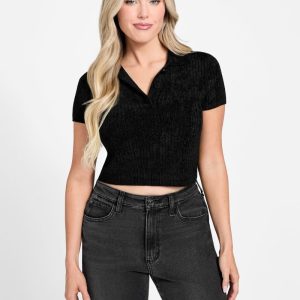 Mona Chenille Crop Polo - Black