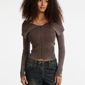 GUESS Originals Ribbed Foldover Cardigan - Brown