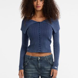 GUESS Originals Ribbed Foldover Cardigan - Blue