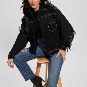 Angelica Faux-Suede Studded Fringe Jacket - Black