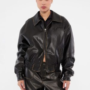 GUESS Originals Distressed Faux-Leather Flight Jacket - Black