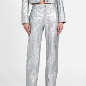Clelia Faux-Leather Embroidered Pants - Silver