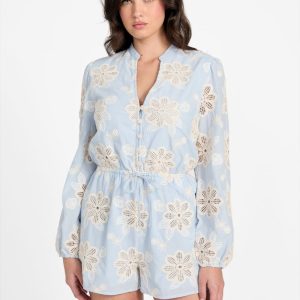 Hazel Embroidered Eyelet Romper - Blue