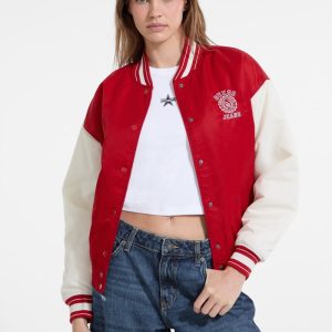 Embroidered Varsity Jacket - Red