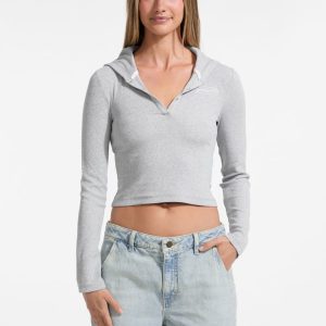 Hooded Embroidered Logo Slim Top - Gray