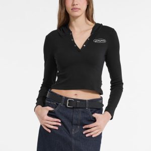 Hooded Embroidered Logo Slim Top - Black