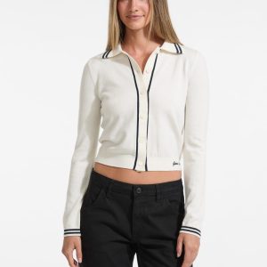 Embroidered Polo Sweater Top - White