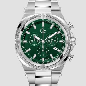 Gc Silver-Tone and Green Chronograph Watch - Silver